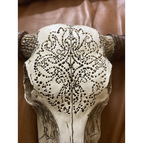 Rustic Tribal Bull Head Wall Art - Tooled White Bull Skull Wall Art - Picture 3 of 9